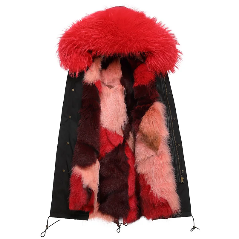 

Red winter jacket women outwear thick parkas natural real fox fur coat with big genuine raccoon fur collar hooded woman fur coat