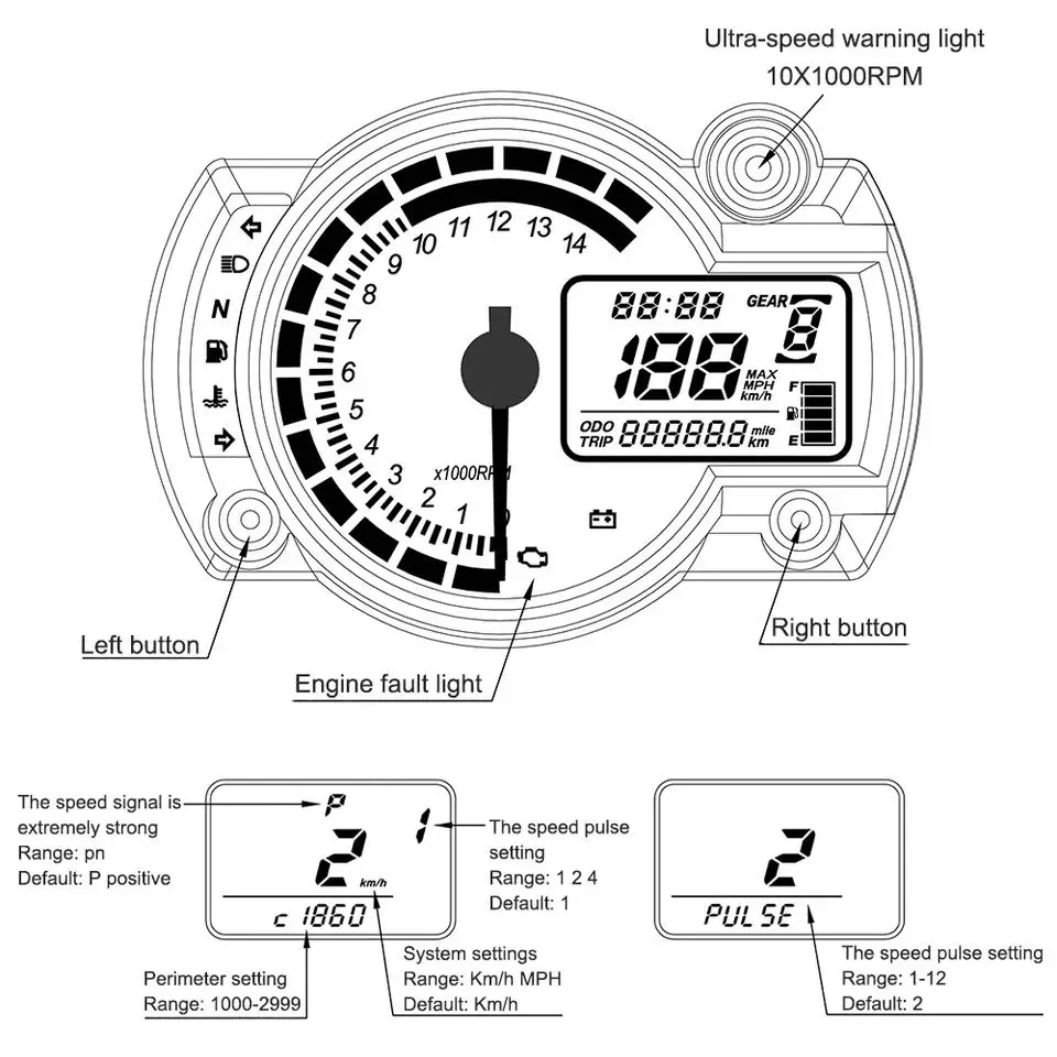 15000 об/мин современный мотоциклетный цифровой светильник с ЖК-дисплеем, спидометр, тахометр, одометр, регулируемый мотоциклетный спидометр