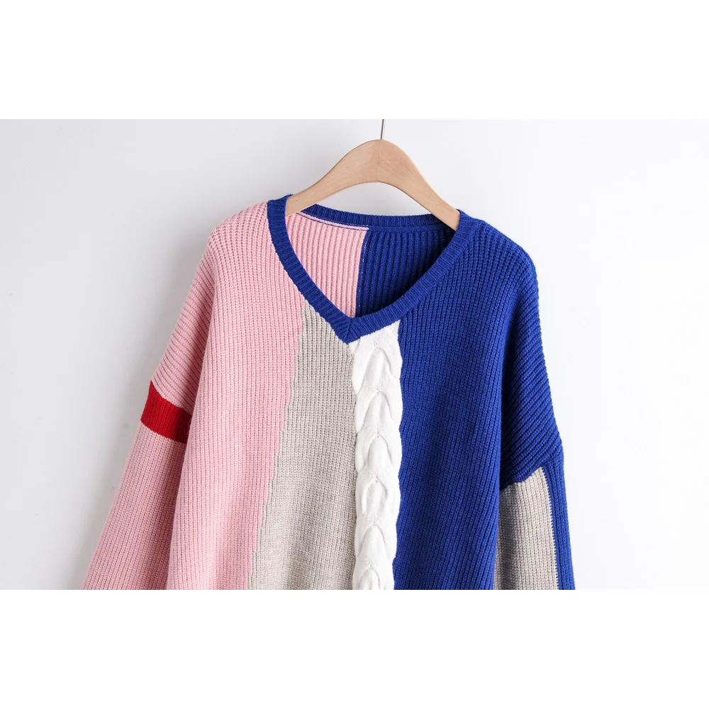 Fashion Za Women Sweater Winter Patchwork V-Neck Casual Long Sleeve Loose Knit Pullovers Sweaters Jumper Ladies Tops