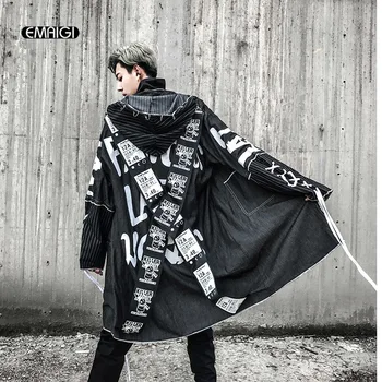 

Cross Ribbon Overcoats Men High Street Fashion Printing Hip Hop Punk Style Long Hooded Trench Jacket Male Loose Coat