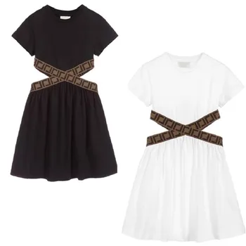 

Girls Kids 90-150 2020 Summer Fashion X Shape Belt Letters Dress