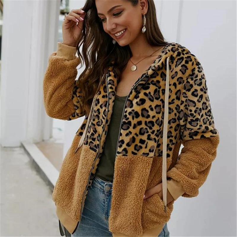 Женские флисовые пальто и куртки с плюшевым мишкой, зимний теплый свитер с капюшоном, джемпер, верхняя одежда, винтажная леопардовая модная одежда на молнии