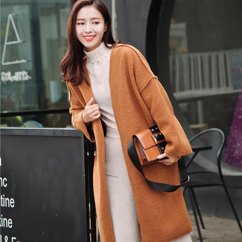 

Slim New Long Wool Blend Ladies Coat Open Stitch V-neck Women's Jacket Solid Elegant Korean Womens Fashion Coat