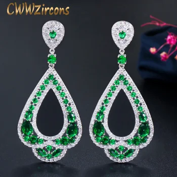 

CWWZircons Brand Luxury Boho Style White Gold Color Cubic Zirconia Long Big Statement Green Dangle Drop Earrings for Women CZ398