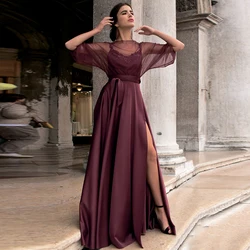 High Quality Satin Slit Wine Red Prom Dresses For Woman Party Gown Modest A Line Long Vestido De Noche 2021 Custom Size