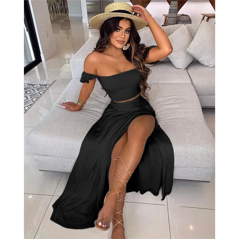 WJFZQM Off Shoulder Two Piece Set Women Backless Sexy Short Sleeve Black Crop Top 2 Skirt Summer Matching Sets | Женская одежда