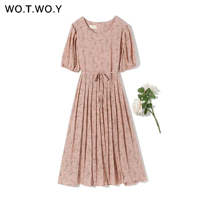 WOTWOY Casual Puff Sleeve Floral Dress Women Short Sleeve Sashes A-Line Dresses Women O-neck Solid Dress Femme Summer 2020 New WOTWOY Casual Puff Sleeve Floral Dress Women Short Sleeve Sashes A-Line Dresses Women O-neck Solid Dress Femme Summer 2020 New