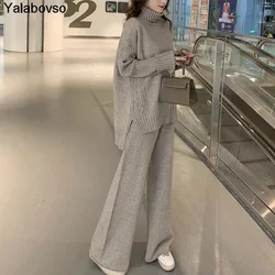 Yalabovso Conjunto de Jersey y pantalones de cuello alto para mujer, chándal de 2 piezas con piernas anchas, ropa de punto cálida para primavera y otoño