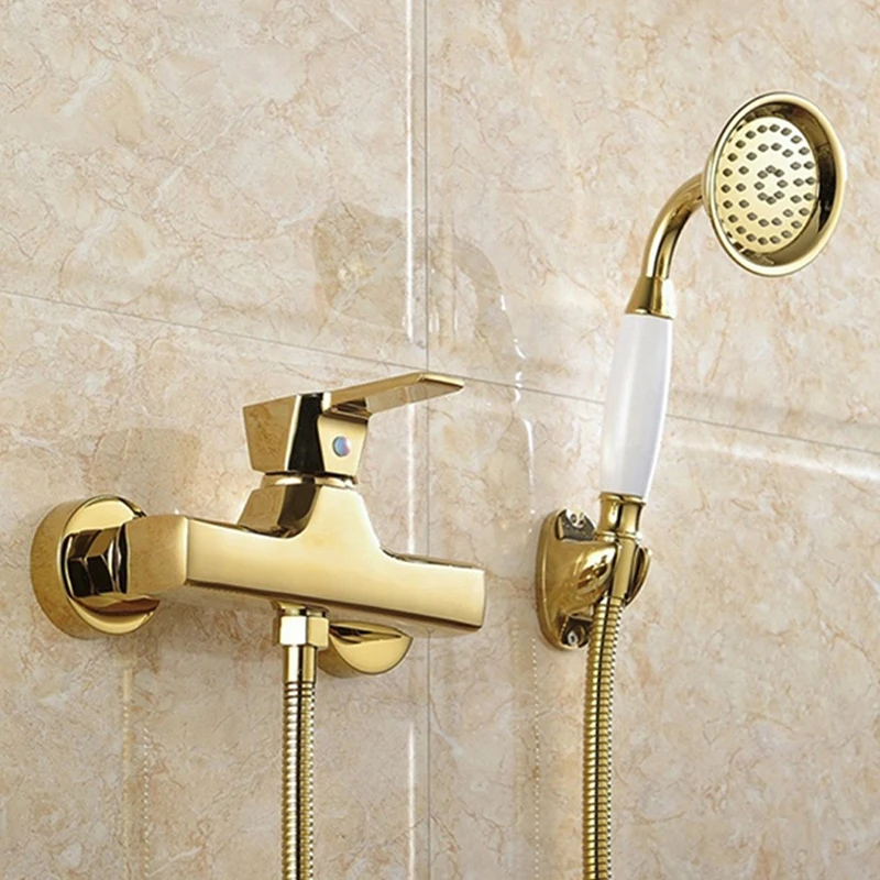 

MTTUZK Concise Wall Mounted Bathroom Faucet Bath Tub Mixer Tap With Ceramic Handle Hand Shower Head Gold Plated Shower Faucet
