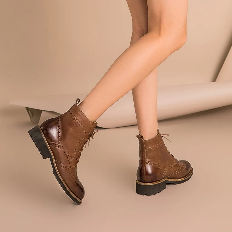 - BeauToday Brogue Boots Women Genuine Leather Cowhide Waxing Round Toe LaceUp Ankle Boot Autumn Winter Lady Shoes Handmade 03263