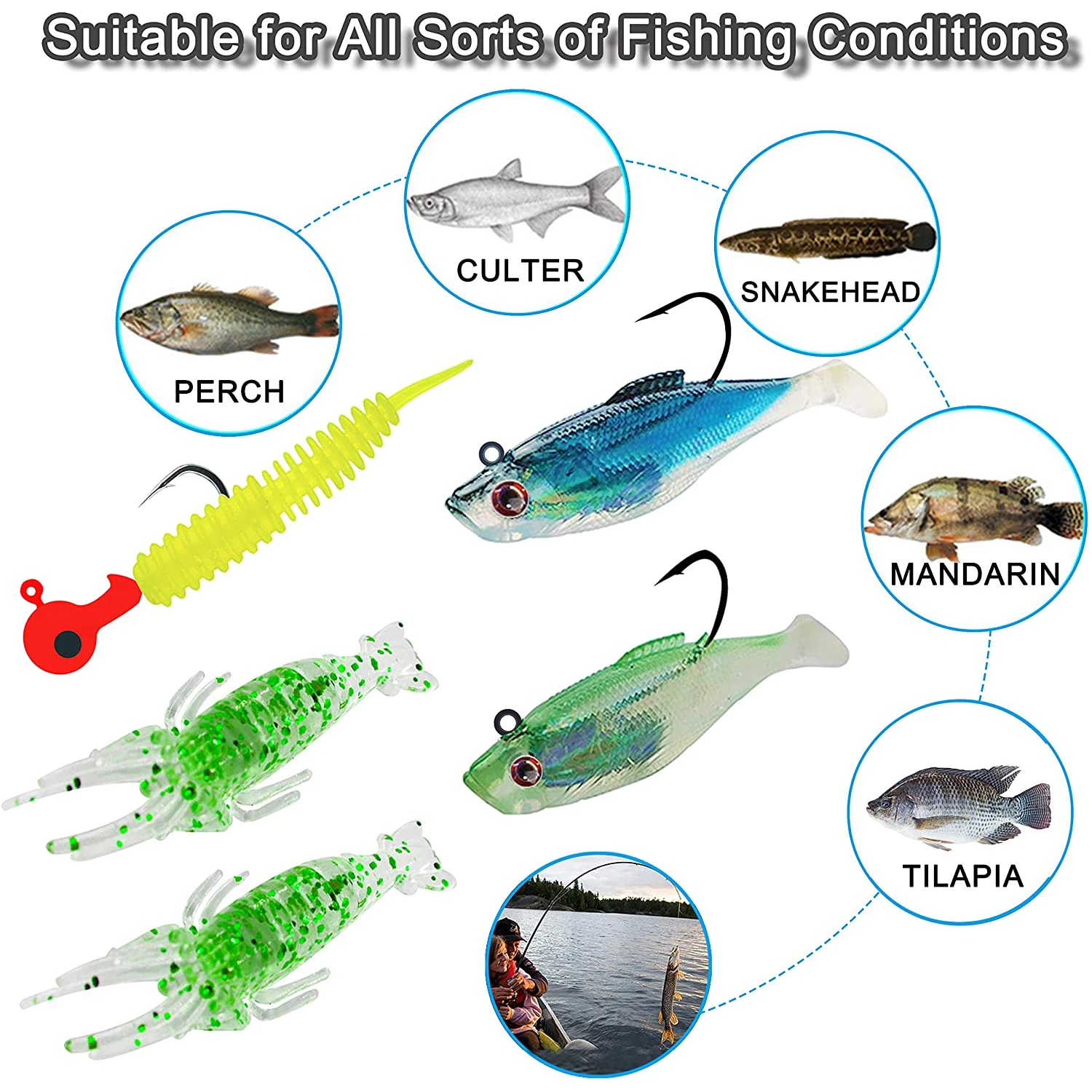 202pcs Fishing Accessories Kit Including Jig Fishing Hooks Soft