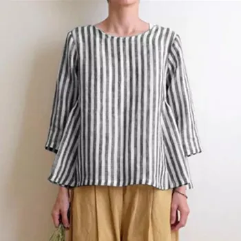 

Nice Vintage WoMen Blouse Summer Long Sleeve Striped Tunic Shirt O-neck VogueBlouse Plus Size 2XL Loose Female Top Blusas