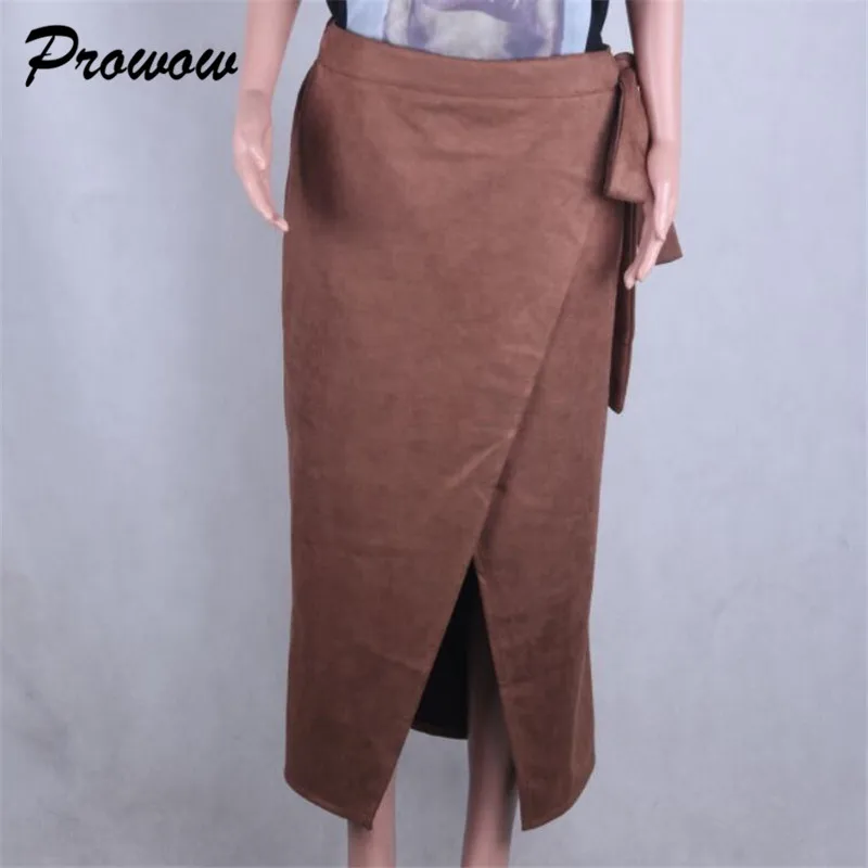 Suede Long Skirt Women Retro Female Hight Waist Asymmetry Casual Women Wrap Skirt Ladies Long Skirt Jupe Longue Femme Slim - Цвет: Коричневый