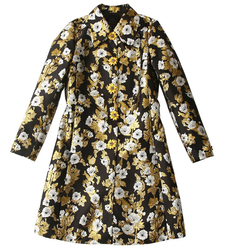 MoaaYina Fashion Windbreaker Overcoat Autumn winter Women Long sleeve luxurious Gold Line Jacquard Vintage Elegant Overcoat
