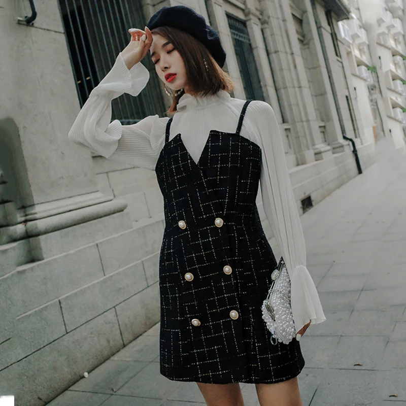 

2019 Autumn Winter Dress Women Vintage Kawaii Tweed Ladies Dresses Plus Size Elegant Party Mini Woolen Dress two pieces vestidos