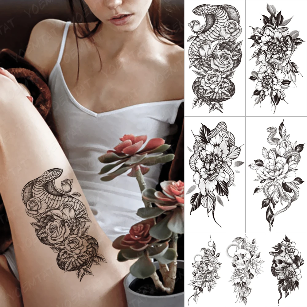 

Black Waterproof Temporary Sleeve Tatooo Sticker Snake Wind Lily Rose Flower Leaf Devil Tattoo Arm Body Art Fake Tatoo Man Girl