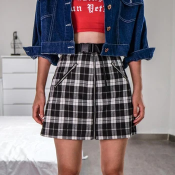 

Sexy plaid MIni Skirts womens Tartan Black White A-line Women Skirt Casual Streatwear High Waist Zipper Short Skirt harajuku