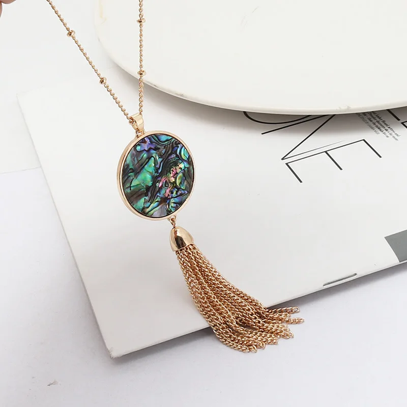 Модное круглое ожерелье с подвеской в виде ракушки леопарда змеиной кожи, с кисточками, длинная цепочка, ожерелье для свитера, геометрическое ювелирное изделие