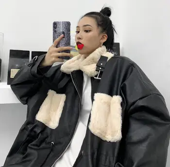 

Autumn Winter Pu Leather Jacket Women Fur Patchwork Coat Solid Harajuku Motorcycle Jackets Thicken Parkas