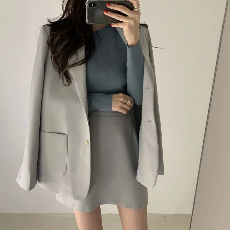 

2019 Elegant Single-Breasted Pockets 2 Pieces Set Casual Female Solid Notched Women's Set Long Sleeve Loose 2 Pieces Outfits