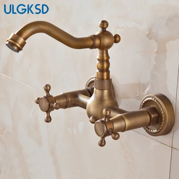 

ULGKSD Bathroom Dual Knobs Vessel Basin Faucet Wall Mounted Mixer Tap Antique Brass Bath Sink Faucet