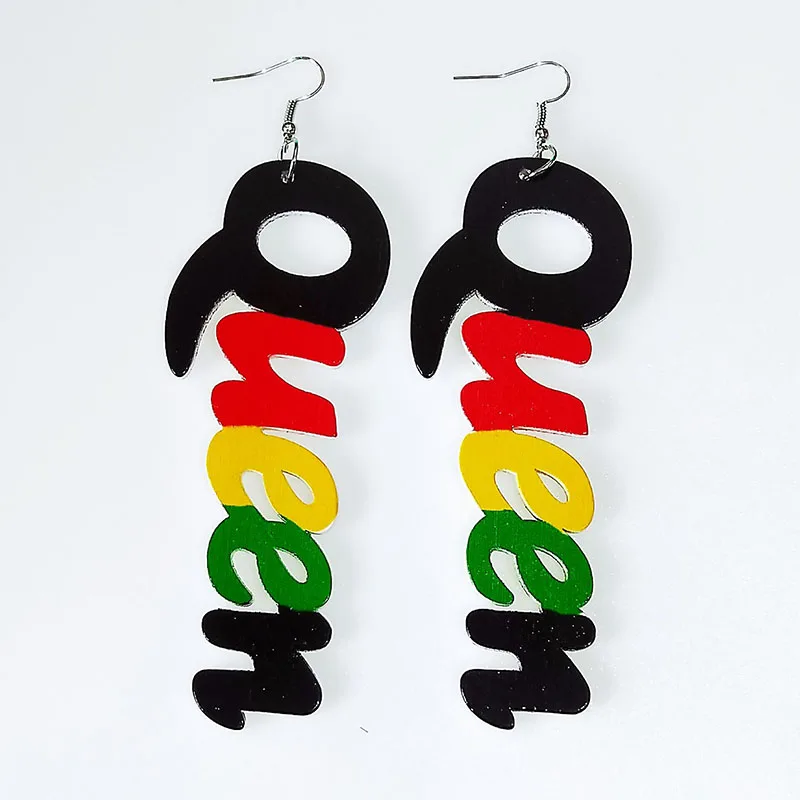 Black Queen Wood Africa Hollow Out Queen Letters Colorful Earrings Vintage Party African Afro Jewelry Wooden DIY Club Gift