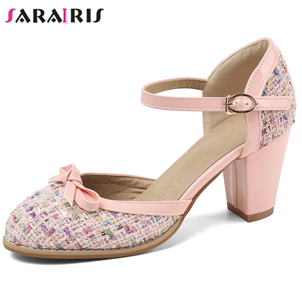 

SARAIRIS New Elegant Female Butterfly Knot Round Toe Buckle Strap Pumps Mixed Color Spring High Heels Pumps Women Shoes Woman