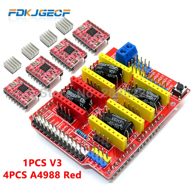 

CNC shield v3 engraving machine / 3D Printer / + 4pcs A4988 driver expansion board for Arduino Red Green