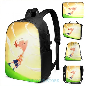 

Funny Graphic print Phineas Flynn USB Charge Backpack men School bags Women bag Travel laptop bag