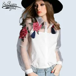 2017 новая весенняя и летняя блузка blusa вышитые цветы органза с длинными рукавами белая рубашка черно-белые женские топы 606B 28