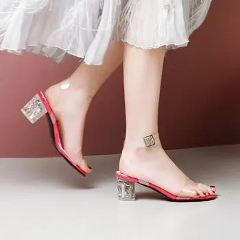 

Women Sandals Ankle Strap Perspex High Heels PVC Clear Crystal Concise Classic Buckle Strap High Quality Shoes size34-43