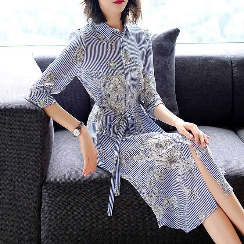 

Stripes Important Silk Dress Women's Summer 2019 New Style WOMEN'S Dress Mid-length Mulberry Silk Shirt Skirt Hot Selling