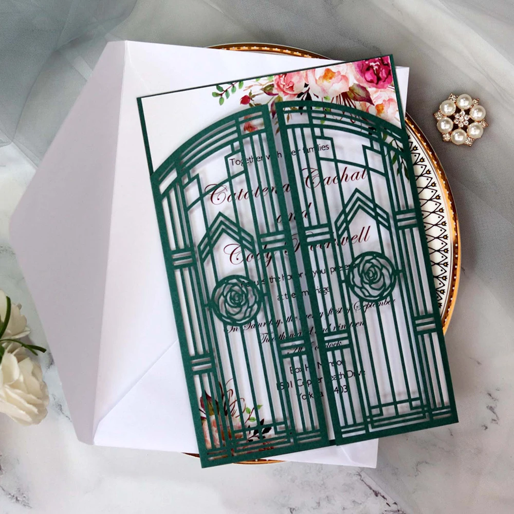  10pcs Creative European Style Wedding Invitation Cover Rose Flower Left and Right Open Openwork Fen - 4000509268742