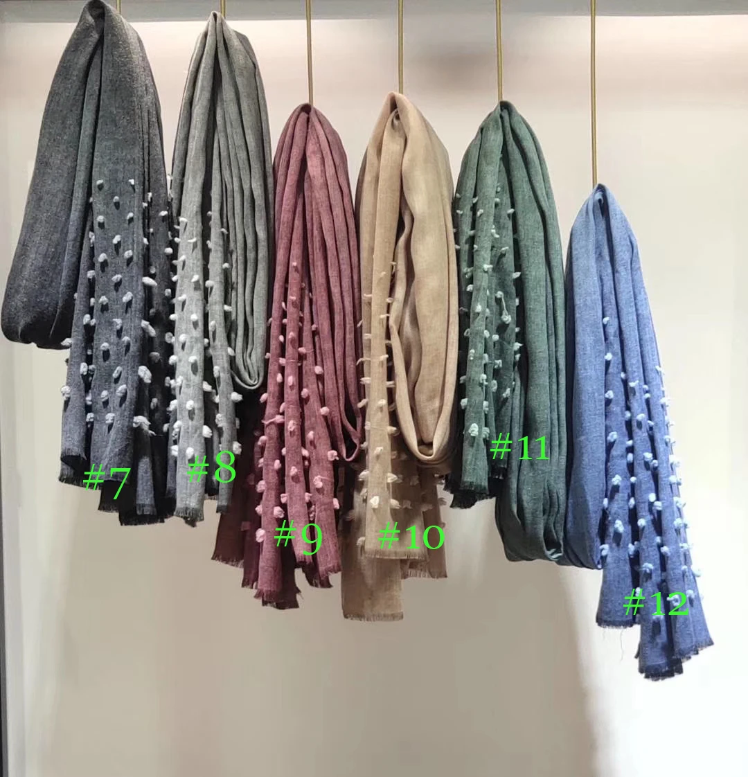 Новые осенние хлопковые шарфы без рисунка шаль мусульманский длинный помпон сплошной цвет накидка с бахромой шарф хиджаб глушитель 12 цветов