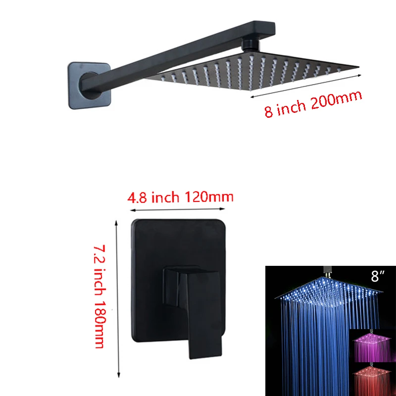LED 8 Inch Shower JIENI светодиодный 8 12 16 дюймов черный Рисунок настенное крепление из меди дождевой воды Ванная комната ультратонкая квадратная душевая головка ручная насадка для душа кран - Цвет: LED 8 Inch Shower