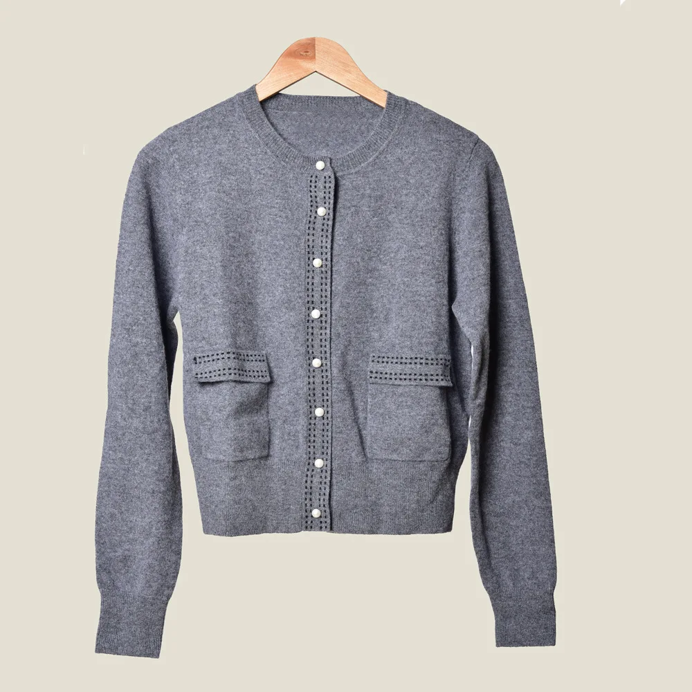 

Women Knitted Sweater Coat Office Ladies Knitwear Grey Cardigan O-neck with Pockets 2019 New Autumn and Winter