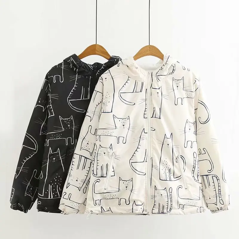 

2019 Autumn Clothing New Style Versatile Hipster Full Body Cartoon Cat Printed Padded Hooded Cropped Jacket Women's