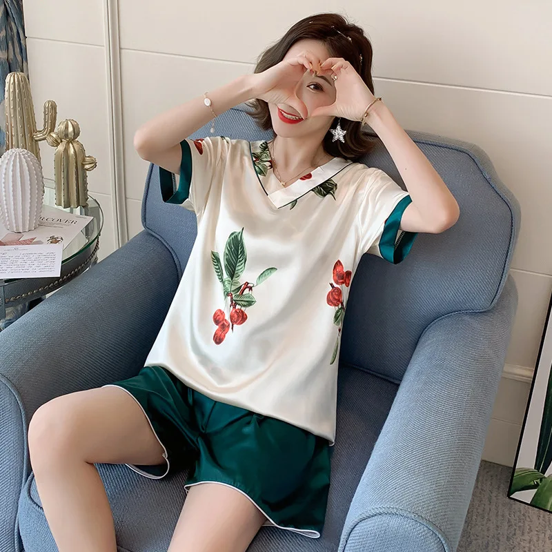 

8831 # Pajamas Women's Summer Viscose Thin Sexy Cute Real Silk Short Sleeve Two-Piece Set Summer Home Wear