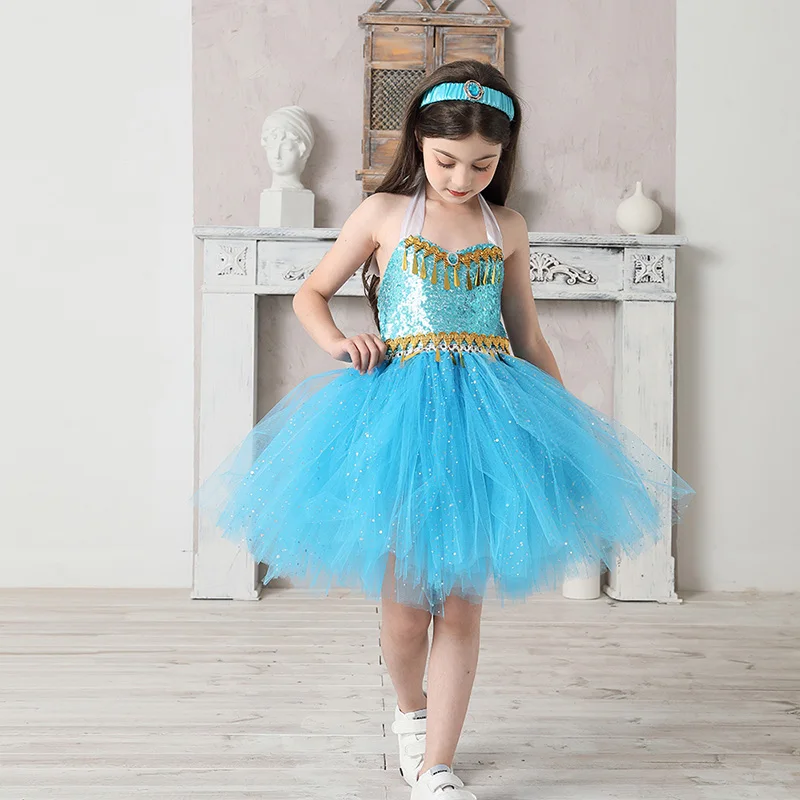 Aladdin Jasmine Girls Tutu Dress Headband Outfit Kids Birthday Party Pageant Sparkly Tulle Fancy Dress Sequins Children Clothes (5)