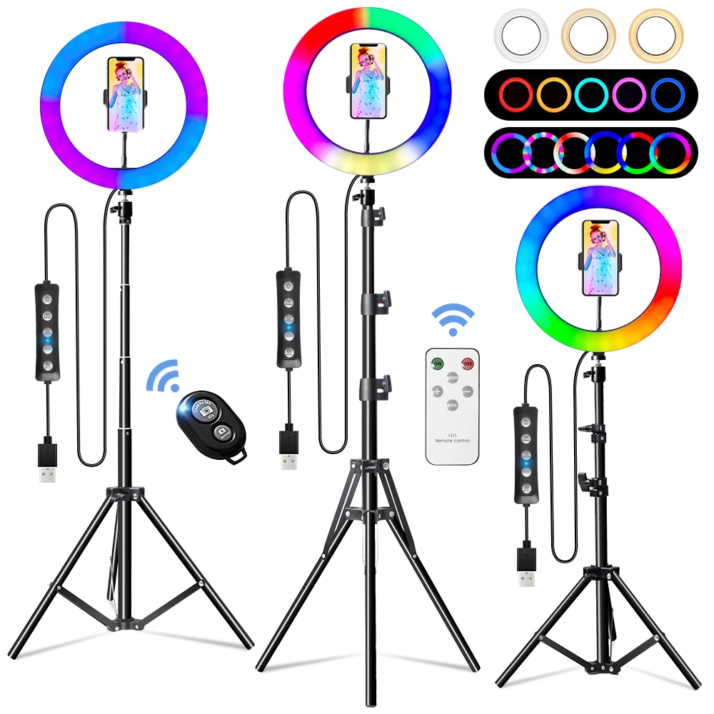 Anillo de luz led para selfis, trípode de 26Cm, 10 pulgadas, 45 colores Rgb, lámpara de anillo con obturador remoto para Streaming de vídeo y Youtube, 2021