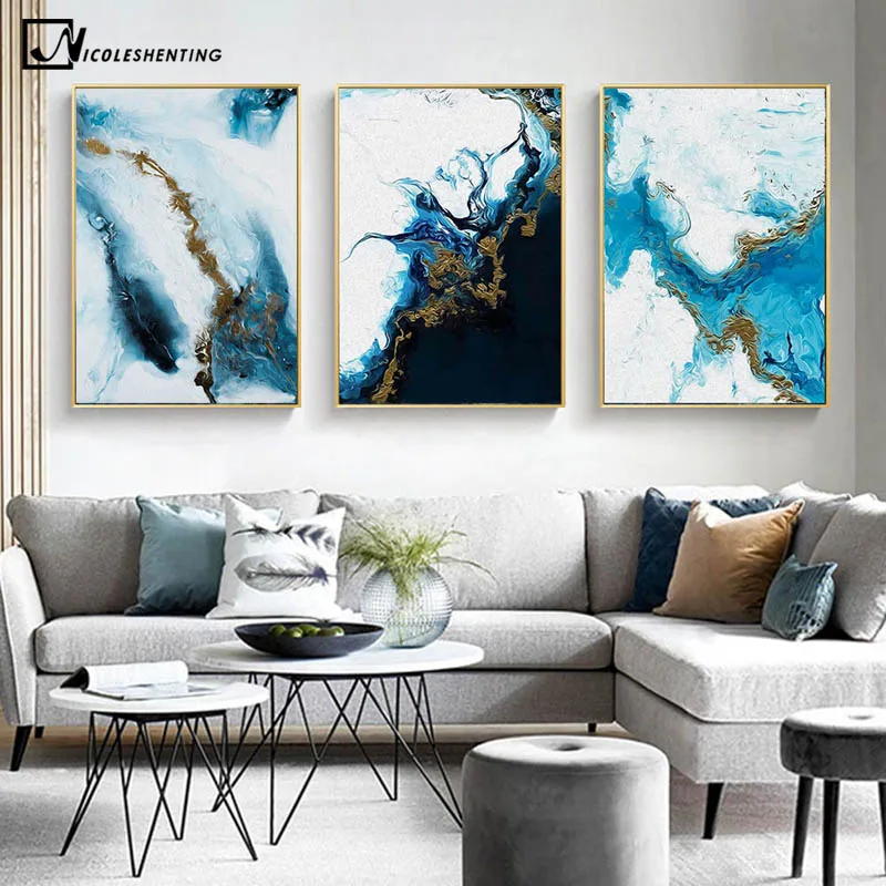 Синий золотой современный стиль абстрактная стена плакат скандинавские холст печать живопись современное искусство украшение картина