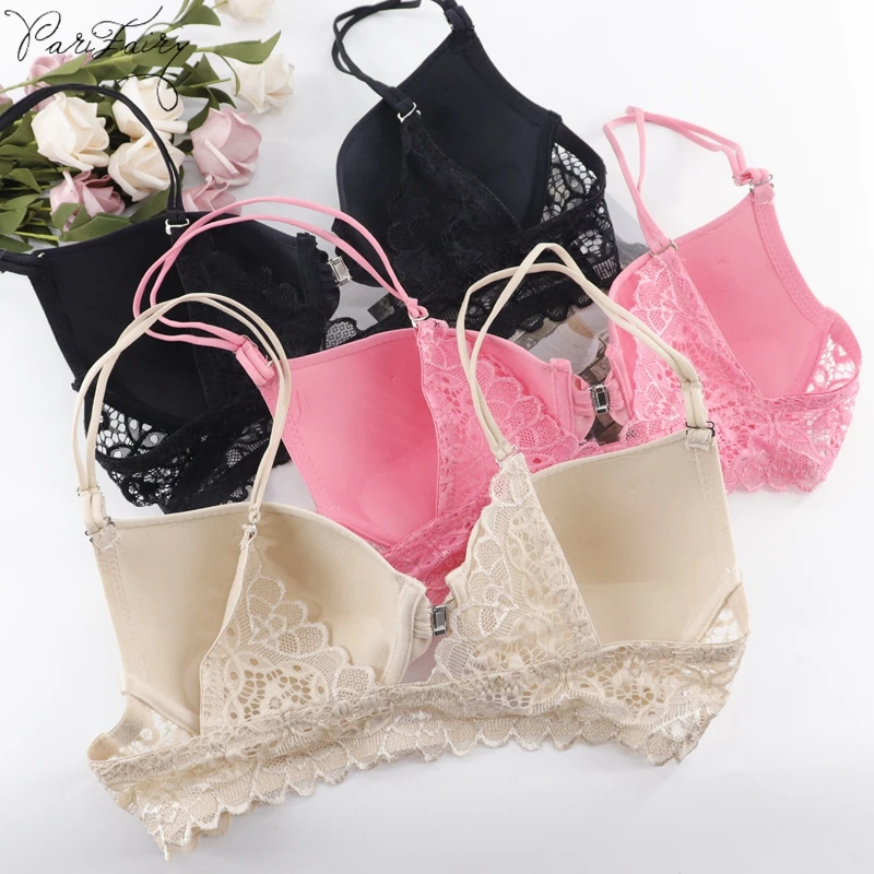 

PariFairy Women Solid Lace Contour Bras Deep V Front Closure Bras Push Up Bra Sexy Smooth T-shirt Bra Ladies Sexy Crop Top