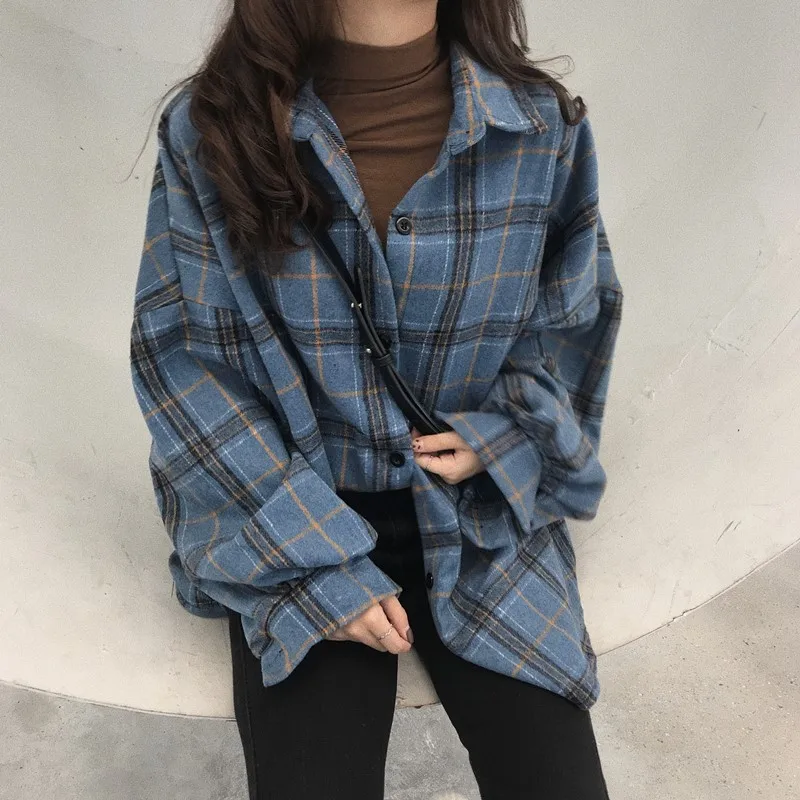 

Cheap wholesale casual long sleeve shirt women plaid shirt oversize korean wool shirts winter autumn vintage shirts women female