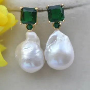 

23mm White Baroque Drop Keshi Pearl Beryl CZ Dangle Earrings