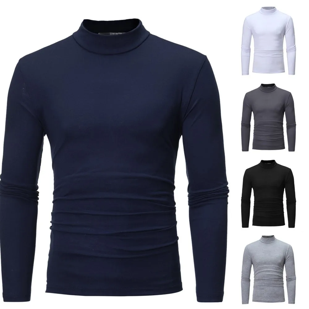 Winter Warm Half High Collar Fashion Thermal Underwear Men Mock Neck Basic Plain T-shirt Blouse Pullover Long Sleeve Top Fashion