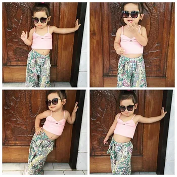 

Baby Girl Bow-knot Sleeveless Camisole And Printing Trousers Summer Casual Kid Two-piece Outfit Set