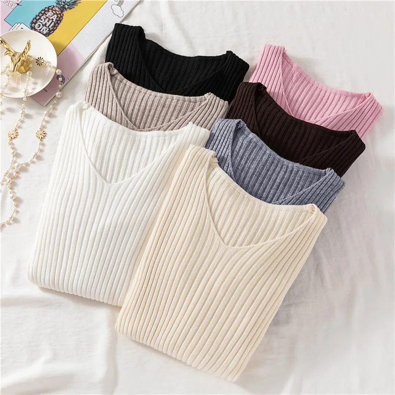 

Pullover Knit Sweater Women Fall Winter Fashion Jumper V Neck Soft Bottoming Knitted Tops Ladies Pullovers Sweaters short slim