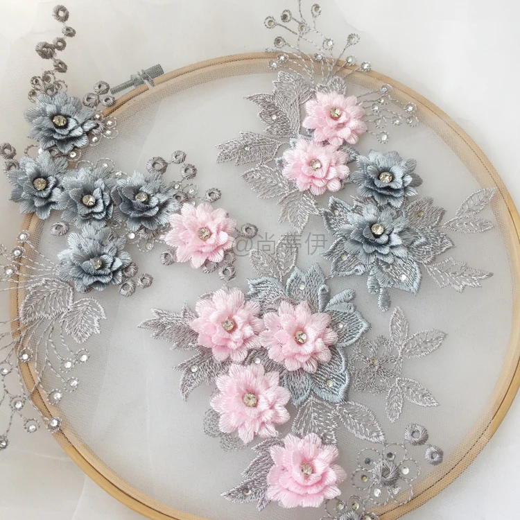 3D Beads Flower Embroidery Lace Fabric Applique Trim For Evening Dress Clothes Lace Collar Patches Handmade Sew On Accessories