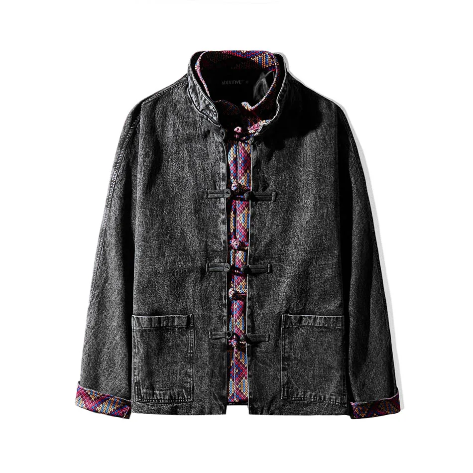 

Men's Loose Tang Suit Buckle Denim Jakcet for Men Stand Color Match Male Chinese Chaqueta Vaquera Hombre Cropped Jean Jacket