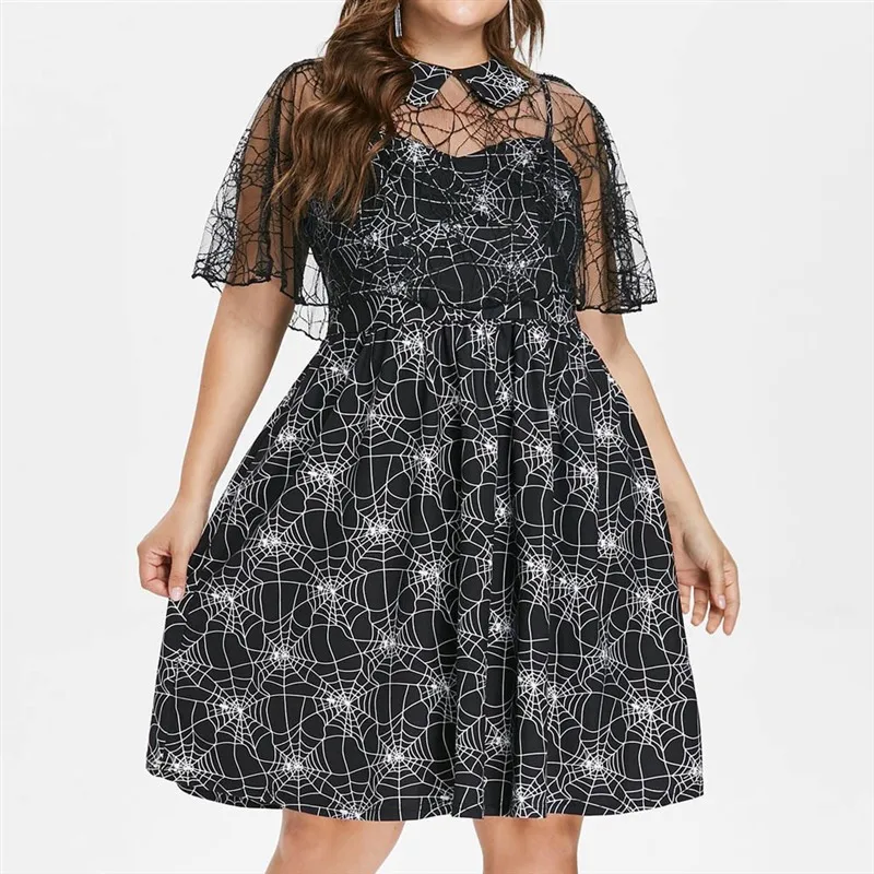 

Girl Women Mini Dresses Plus Size Halloween Party Spider Cobweb Print Turn Down Collar Costume Dress Party Props XL-5XL
